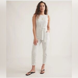 Marine Layer Eloise Belted Jumpsuit in White and Navy Stripe large